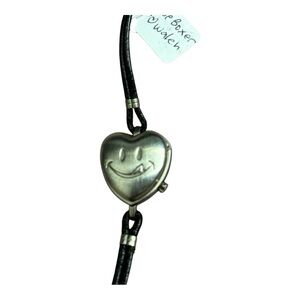 Vintage Joe Boxer Silver Heart-Shaped Smiley Face Watch with Leather Straps Y2K